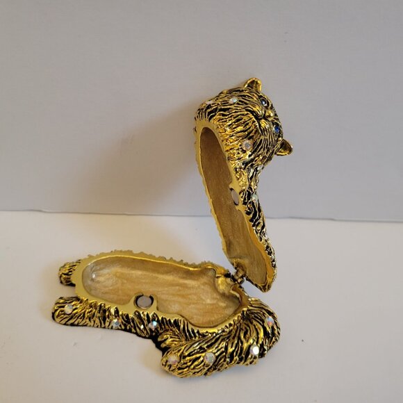 Jeweled Gold Cat Trinket Box With Hinged Lid & Velvet Lining - Picture 2 of 9